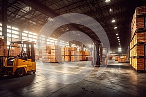 Large modern warehouse with forklift