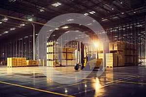 Large modern warehouse with forklift