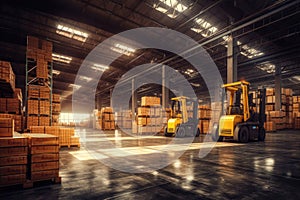 Large modern warehouse with forklift