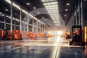 Large modern warehouse with forklift