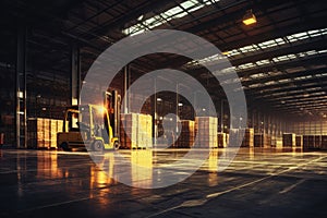 Large modern warehouse with forklift photo