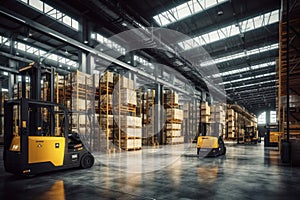 Large modern warehouse with forklift