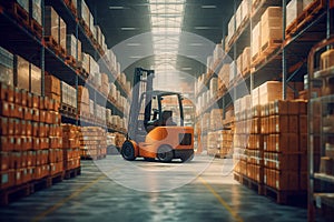 Large modern warehouse with forklifts