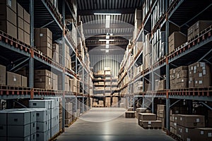 A large modern warehouse with shelfs carboard boxes and products.