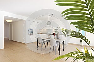 Large modern white kitchen with a marble table and four chairs in front. This is the interior of a modern flat