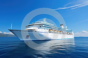 large modern white passenger cruise ship in the blue sea or ocean on a sunny day