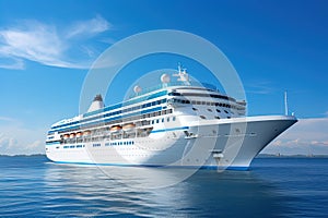 large modern white passenger cruise ship in the blue sea or ocean on a sunny day