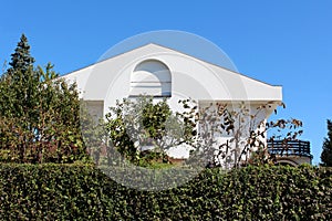 Large modern white suburban family house with front balcony built on small hill partially hidden from public street with tall