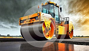 Large Modern Yellow Road Roller or Steamroller on a New Asphalt Road - Generative Ai