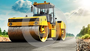 Large Modern Yellow Road Roller or Steamroller on a New Asphalt Road - Generative Ai