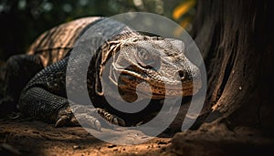 Large monitor lizard crawling on tree branch generated by AI