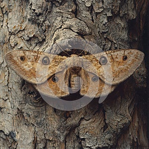 A large moth with soft, brown wings perched on a tree trunk