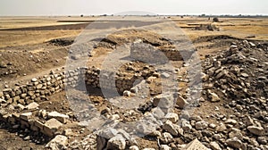 Large mound of stones and debris in arid landscape
