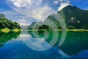 Large mountain with blue sky and reflection from the water.