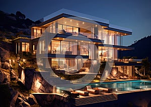 Large mountain hill luxury villa house with swimming pool for night party.AI Generative