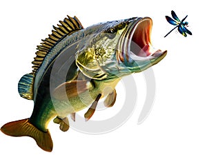 A large mouth bass leaps for a dragonfly