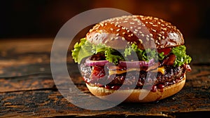 Large mouthwatering Burger with cooked beef and melted cheese red onions then salad and tomatoes between white bread with sesame