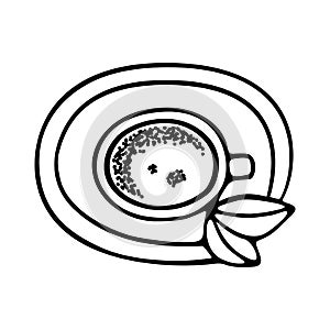 Large mug of coffee or cocoa on a saucer hand-drawn. Vector illustration in doodle style black outline on a white