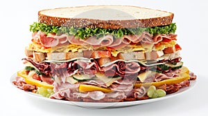 Large multi-layered deli-style sandwich with fresh vegetables cold cuts cheese bread and various fillings on a white background photo
