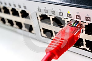 In a large multiport switch is inserted one red patch cord, an ISP switch