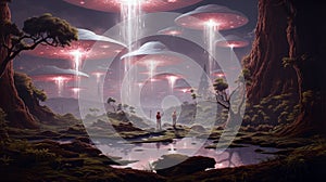 large mushroom-like extra terrestrial creatures hovering above a landscape photo