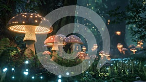 Large mushrooms in a forest with plants and glowing lights, AI-generated.