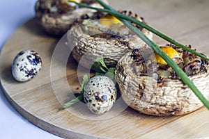 Large mushrooms stuffed with egg beautifully preserved