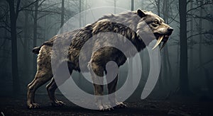 A large, mythical wolf-like creature with saber-tooth fangs stands in a misty forest. photo