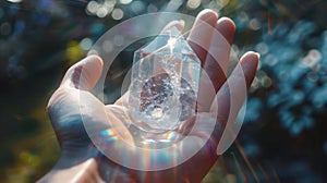 Large natural crystal precious cut stone in hand. Generative AI