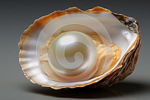 Large natural pearl in a gorgeous, iridescent shell on a simple, neutral background