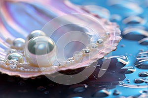 Large natural pearl in mother-of-pearl shell on colorful background in lilac-blue tones close-up