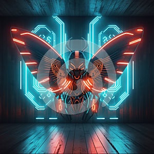 A large neon butterfly sitting on top of a wooden floor. Generative AI image.