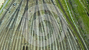 Large network of railway tracks of huge marshalling yard. Smooth transition view of the metropolis. Yekaterinburg