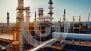 A large new industrial oil refining petrochemical chemical plant with pipes