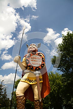 A Large Norse Statue stands in Alexandria, Minnesota.