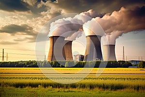 Large nuclear power plant with cooling towers emitting steam, producing energy in a rural landscape