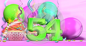 Large number 54 birthday cupcake in green with cupcakes and balloons on the back on a pink background. 3D illustration