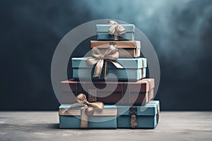 a large number of blue and gray gift boxes, all stacked, perfectly tied together arouse the excitement of unveiling the treasures