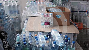 Large number of boxes of drinking water. Delivery concept. Logistic, storage