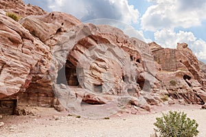 A large number of burial caves dug into the rocks by the Nabateans in the Nabatean Kingdom of Petra in the Wadi Musa city in