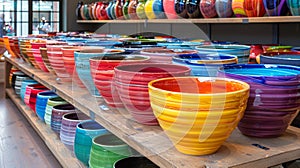 A large number of colorful vases on a wooden shelf, AI