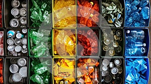 A large number of different colored plastic containers filled with various types and colors, AI