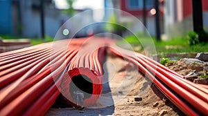 Large number of electric and high-speed Internet Network cables in red corrugated pipe on the street covered with