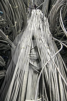 A large number of electrical network ethernet cables tied together connecting racks inside server room