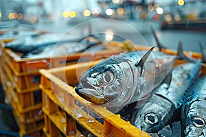 A large number of fish in crates on the dock