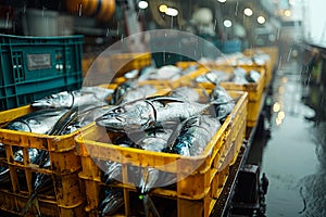 A large number of fish in crates on a dock