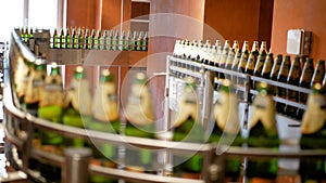 Large number of glass bottles with beer are moving along the conveyor. Low alcohol production. Drinks are ready to eat