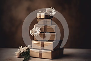 a large number of golden gift boxes and flowers, all stacked one on top of the other on a floor, perfectly tied together arouse