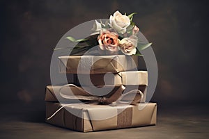 a large number of golden gift boxes and flowers, all stacked one on top of the other on a floor, perfectly tied together arouse