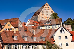A large number of half-timbered houses like the Kornspeicher have been preserved in the historic old town of Schwaebisch Hall in s